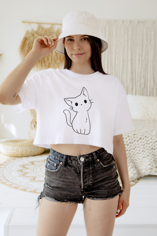 Axes Minimalist Cat Sketch Crop Top